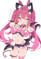 Rule 34 | 1girl, aimani (vtuber), animal ear fluff, animal ears, blade (galaxist), bow, demon tail, detached sleeves, fang, flat chest, long hair, long sleeves, looking at viewer, mel mellow, navel, open mouth, paw pose, pink thighhighs, purple eyes, red bow, red hair, simple background, single thighhigh, skindentation, solo, standing, tail, thigh strap, thighhighs, twintails, virtual youtuber, white background