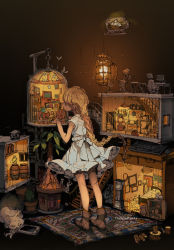 Rule 34 | 1girl, 3boys, artist name, barrel, bed, bedroom, bicycle, birdcage, blonde hair, blue skin, book, bookshelf, boots, braid, braided ponytail, bug, butterfly, cactus, cage, cat, chair, child, clock, colored skin, commentary, couch, dark, demizu posuka, desk, doll house, dress, fantasy, frown, frying pan, hat, highres, indoors, insect, lamp, lantern, light particles, long hair, low-tied long hair, monitor, multiple boys, original, photo (object), plant, pot, potted plant, reading, refrigerator, roomscape, rug, scenery, ship in a bottle, single braid, sitting, sketch, sleeveless, sleeveless dress, stairs, white dress, yellow theme