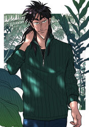 Rule 34 | 1boy, absurdres, black shirt, blue pants, closed mouth, commentary request, cowboy shot, facial scar, fukumoto nobuyuki (style), green sweater, hand on own neck, highres, itou kaiji, kaiji, leaf, long hair, long sleeves, looking at viewer, male focus, medium bangs, official style, pants, parody, plant, pointy nose, scar, scar on cheek, scar on face, shirt, smile, solo, style parody, sweater, turtleneck, turtleneck sweater, undershirt, usarinko, zipper