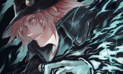 Rule 34 | 1boy, artist name, aura, black background, black hat, black jacket, blue fire, collared shirt, edmond dantes (fate), electricity, fate/grand order, fate (series), fire, formal, gloves, hat, highres, ibuo (ibukht1015), jacket, long sleeves, looking at viewer, male focus, medium hair, parted lips, pink hair, shirt, simple background, solo, suit, upper body, white shirt, wing collar, yellow eyes