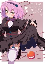 Rule 34 | 1girl, absurdres, alternate costume, black dress, black footwear, bow, bowtie, brown background, brown eyes, closed mouth, clothes lift, dated, dress, dress lift, frilled dress, frilled skirt, frills, garter straps, gothic lolita, hairband, heart, highres, komeiji satori, leg up, lifting own clothes, lolita fashion, looking at viewer, pink hair, polyhedron2, purple bow, purple bowtie, purple hairband, short hair, signature, simple background, skirt, smile, solo, thighhighs, third eye, touhou, white thighhighs