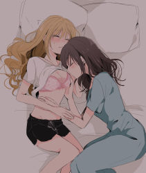 Rule 34 | 2girls, ajiwo, blush, bra, breasts, brown hair, character request, cleavage, closed eyes, closed mouth, commentary request, grabbing, grabbing another&#039;s breast, highres, idolmaster, idolmaster cinderella girls, light brown hair, long hair, lying, medium hair, multiple girls, on side, pillow, sleeping, underwear, wavy mouth, yuri