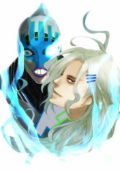 Rule 34 | 10s, 123hfm, 2boys, blue eyes, blue fire, dual persona, fire, glowing, glowing eyes, grey hair, hair ornament, hairclip, lips, long hair, lunatic (tiger &amp; bunny), male focus, mask, multiple boys, pale skin, superhero costume, tiger &amp; bunny, white background, yuri petrov