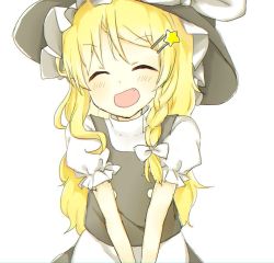 Rule 34 | 1girl, :d, ^ ^, apron, blonde hair, blush, bow, braid, check commentary, closed eyes, commentary request, closed eyes, facing viewer, fang, hair ornament, hairpin, hat, hat bow, kirisame marisa, long hair, open mouth, rbtt, side braid, single braid, skirt, skirt set, smile, solo, star (symbol), star hair ornament, touhou, turtleneck, v arms, vest, waist apron, witch hat