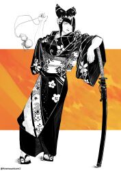 absurdres emo_(anemounicorn) han_juri highres japanese_clothes katana kimono monochrome sandals street_fighter sword weapon