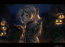 Rule 34 | 1girl, absurdres, warrior of light (ff14), black gloves, blurry, blurry background, blush, devil lo, final fantasy, final fantasy xiv, gloves, grey eyes, grey hair, halloween, highres, jack-o&#039;-lantern, lalafell, letterboxed, long hair, night, night sky, outdoors, plant, pointing, pointy ears, ponytail, pout, pumpkin, signature, sky, solo, tree