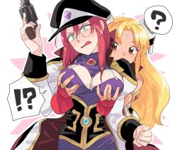 Rule 34 | !?, 2girls, ?, blonde hair, blue eyes, blush, grabbing another&#039;s breast, breasts, bridal gauntlets, brown eyes, forte stollen, galaxy angel, grabbing, groping, gun, hair ornament, hakinikui kutsu no mise, handgun, hat, holding, holding weapon, large breasts, long hair, long sleeves, military hat, monocle, multiple girls, open mouth, ranpha franboise, red hair, revolver, speech bubble, sweatdrop, weapon, yuri