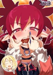 Rule 34 | 2girls, blonde hair, blush, bracelet, brushing another&#039;s teeth, choker, disgaea, earrings, etna (disgaea), fangs, female pov, flat chest, flonne, frilled sleeves, frills, highres, jewelry, makai senki disgaea, mouth pull, multiple girls, open mouth, pointy ears, pov, r-e-l-o-a-d, red eyes, red hair, skull earrings, smile, tearing up, teeth, toothbrush, twintails