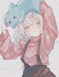 Rule 34 | 1girl, arms up, bandaid, bandaid on face, blunt bangs, breasts, half-closed eyes, highres, light blush, long sleeves, medium hair, on head, original, pink sweater, small breasts, solo, stuffed animal, stuffed toy, suspenders, sweater, upper body, wavy hair, white hair, yama ng