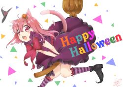 Rule 34 | 1girl, animal ears, artist name, black footwear, black hat, bow, bowtie, brooch, broom, broom riding, cat ears, cat girl, cat tail, cathy (poma123poma), commentary, dated, dress, english text, frilled sleeves, frills, halloween, happy halloween, hat, jewelry, looking at viewer, medium dress, open mouth, original, pink eyes, pink hair, pointy footwear, poma123poma, puffy short sleeves, puffy sleeves, purple dress, purple socks, red bow, red bowtie, shoes, short sleeves, signature, socks, solo, striped clothes, striped socks, tail, triangle, unworn hat, unworn headwear, white background, witch hat