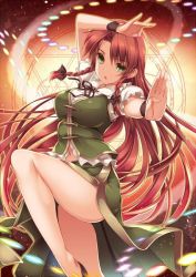Rule 34 | 1girl, :o, arm over head, arm up, bad id, bad twitter id, bare legs, braid, breasts, dress, fighting stance, green eyes, hong meiling, jpeg artifacts, large breasts, leg up, long hair, looking at viewer, magic circle, monety, outstretched arm, red hair, side slit, solo, spell card, touhou, twin braids, very long hair
