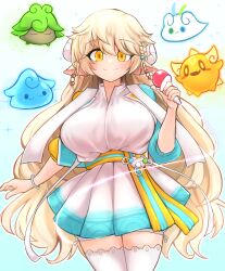 Rule 34 | 1girl, absurdres, animal ears, beads, blonde hair, bracelet, braid, breasts, closed mouth, cropped jacket, curled horns, dress, gradient background, hair beads, hair between eyes, hair ornament, hand up, highres, horns, jacket, jewelry, jinoyou, lara (maplestory), large breasts, long hair, looking at viewer, maplestory, open clothes, open jacket, outline, pleated dress, puffy sleeves, sash, sheep ears, sheep girl, sheep horns, short dress, smile, solo, split mouth, straight-on, thighhighs, very long hair, white horns, white outline, white thighhighs, yellow eyes, zettai ryouiki