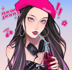 Rule 34 | !, !!, 1girl, bendy straw, beret, black hair, black shirt, blue eyes, bow, cable, character name, chinese commentary, copyright name, drinking straw, drinking straw in mouth, earrings, eyeliner, eyeshadow, gradient background, grey bow, haerin (newjeans), hat, headphones, headphones around neck, highres, hoop earrings, jewelry, k-pop, long hair, makeup, multicolored hair, newjeans, open mouth, oxide (oxidego), pink eyeshadow, pink hat, portrait, procreate (medium), purple hair, real life, realistic, red lips, shirt, solo, strapless, strapless shirt, streaked hair