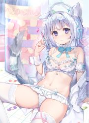 Rule 34 | 1girl, animal ear fluff, animal ears, arm support, bandaid, bare shoulders, blue bow, blush, bow, bra, breasts, cleavage, closed mouth, commentary request, detached sleeves, feet out of frame, grey hair, hair ornament, hand up, hat, holding, holding syringe, lab coat, looking at viewer, mask, unworn mask, mouth mask, navel, nurse cap, off shoulder, omelet tomato, on floor, open clothes, original, panties, puffy short sleeves, puffy sleeves, purple eyes, short sleeves, sitting, sleeves past wrists, small breasts, solo, surgical mask, syringe, tail, thighhighs, underwear, white bra, white panties, white sleeves, white thighhighs, x hair ornament