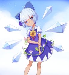 Rule 34 | 1girl, bad id, bad pixiv id, blue bow, blue dress, blue eyes, blue hair, blue sky, bow, cirno, commentary request, cowboy shot, day, dress, flower, hair bow, hand on own arm, head tilt, hidden star in four seasons, hummingbird (artist), ice, ice wings, looking at viewer, morning glory, pink flower, puffy short sleeves, puffy sleeves, short sleeves, sky, smile, solo, tan, tanned cirno, touhou, wings, yellow flower