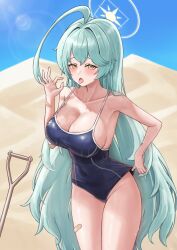 Rule 34 | 1girl, absurdres, abydos high school swimsuit, ahoge, bare arms, bare legs, bare shoulders, black one-piece swimsuit, blue archive, blush, breasts, cleavage, collarbone, cowboy shot, day, desert, fingernails, green hair, groin, halo, highres, huge ahoge, huge breasts, ilbanseomin, long hair, looking at viewer, one-piece swimsuit, open mouth, outdoors, revision, school swimsuit, solo, swimsuit, tongue, tongue out, yellow eyes, yellow halo, yume (blue archive)