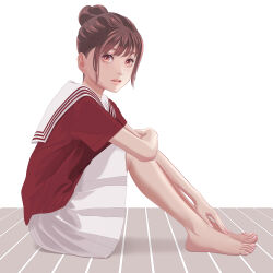 Rule 34 | 1girl, barefoot, brown hair, closed mouth, eyelashes, feet, from side, full body, grey background, hair bun, hair up, highres, knees up, looking at viewer, miniskirt, on ground, original, parted lips, pleated skirt, red eyes, red shirt, sailor collar, school uniform, serafuku, shirt, short hair, short sleeves, sidelocks, sitting, skirt, solo, toenails, toes, toyoki, white sailor collar, white skirt