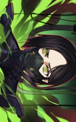 Rule 34 | 1girl, animification, artist name, black gloves, black hair, cable, colored smoke, gloves, green eyes, highres, looking at viewer, mask, mouth mask, nanana (syoki0916), portrait, short hair, smoke, solo, straight-on, valorant, viper (valorant)