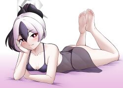 Rule 34 | 1girl, ass, babydoll, black bra, black hair, black horns, black panties, blue archive, bra, breasts, bright pupils, cheek rest, closed mouth, feet, feet up, full body, grey halo, hair between eyes, halo, highres, horns, kayoko (blue archive), konan exe, looking at viewer, lying, multicolored hair, on stomach, panties, ponytail, red eyes, see-through, small breasts, soles, solo, toes, two-tone hair, underwear, white hair, white pupils