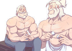 Rule 34 | 1boy, bara, beard, denim, facial hair, full beard, grin, hairy, highres, jeans, large pectorals, looking to the side, male focus, mature male, multiple scars, multiple views, muscular, muscular male, nipples, old, old man, overwatch, own hands together, pants, partially blind, pectorals, profile, reinhardt (overwatch), scar, scar across eye, short hair, sitting, smile, thick beard, thick chest hair, topless male, whimsywimp, white hair