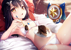 Rule 34 | 1girl, armpits, bare arms, bare shoulders, bed, black hair, blurry, blurry background, blush, bra, breasts, brown eyes, cake, chocolate cake, commentary request, depth of field, fate/kaleid liner prisma illya, fate (series), food, fork, hair between eyes, hair ornament, holding, holding fork, holding plate, indoors, jewelry, kaleidostick, long hair, looking at viewer, lying, magical sapphire, miyu edelfelt, on back, on bed, panties, parted lips, pendant, pillow, plate, revision, small breasts, solo, star (symbol), underwear, white bra, white panties, yan (nicknikg)