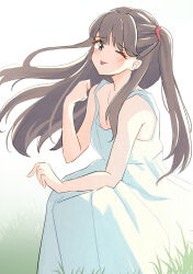 Rule 34 | 1girl, ;p, alternate costume, blush, brown hair, clenched hand, commentary, dress, floating hair, fujishima megumi, grass, highres, link! like! love live!, long dress, long hair, looking at viewer, love live!, one eye closed, purple eyes, risai, sleeveless, sleeveless dress, solo, squatting, sundress, tongue, tongue out, two side up, virtual youtuber, white background, white dress