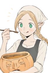 Rule 34 | 1girl, :q, black vest, blonde hair, blush, braid, dungeon meshi, elf, flat chest, food, frs2, fruit bowl, green eyes, hand up, happy, head scarf, highres, holding, holding food, holding spoon, long hair, marcille donato, parted bangs, pointy ears, pumpkin, shirt, simple background, sleeves rolled up, smile, solo, soup, spoon, tongue, tongue out, twin braids, twintails, upper body, vest, white background, white shirt