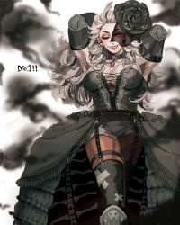 Rule 34 | 1girl, abs, bare shoulders, bouquet, breasts, bridal veil, bride, dorohedoro, dress, earrings, elbow gloves, flower, formal, gloves, hair ornament, jewelry, kaitennsiki, large breasts, long hair, looking at viewer, muscular, muscular female, noi (dorohedoro), red eyes, simple background, smile, solo, veil, wedding dress, white dress, white hair
