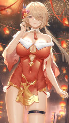 Rule 34 | 1girl, 2022, bare arms, bare shoulders, blonde hair, breasts, chinese commentary, cleavage, cleavage cutout, closed mouth, clothing cutout, covered navel, cowboy shot, curled fingers, detached collar, detached sleeves, dress, eleaaa, eyes visible through hair, fireworks, flower, frilled sleeves, frills, fur trim, gold trim, hair flower, hair ornament, hair over one eye, hand up, highres, honkai (series), honkai impact 3rd, lantern, large breasts, looking at viewer, off shoulder, parted bangs, purple eyes, red dress, rita rossweisse, short dress, smile, solo, sparkle, standing, tassel, tassel choker, thigh strap, thighs, wide sleeves