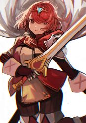 Rule 34 | 1girl, absurdres, breasts, cosplay, crossover, earrings, falchion (fire emblem), fire emblem, fire emblem awakening, headpiece, highres, jewelry, large breasts, nintendo, pyra (xenoblade), red eyes, red hair, short hair, simple background, solo, sword, tarbo (exxxpiation), tiara, weapon, white background, xenoblade chronicles (series), xenoblade chronicles 2