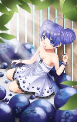 Rule 34 | 1girl, ahoge, bad id, bad pixiv id, bare arms, bare shoulders, blueberry, bracelet, breasts, cleavage, double bun, dress, earrings, eyeshadow, food, food-themed clothes, food-themed earrings, food-themed ornament, fruit, highres, jewelry, kim bae-eo, makeup, open mouth, original, personification, purple eyes, purple hair, sitting, solo, strapless, strapless dress
