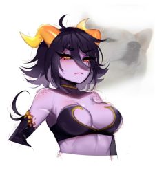Rule 34 | 1girl, ahoge, bad id, bad twitter id, bare shoulders, black hair, black sclera, breasts, choker, closed mouth, colored sclera, colored skin, commentary, copyright request, cropped arms, cropped torso, demon girl, dog, english commentary, freckles, hair between eyes, horns, looking at viewer, medium breasts, meme, purple skin, real life insert, shiba inu, sketch, slit pupils, solo, terupancake, upper body, yellow eyes