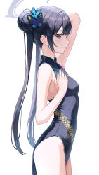Rule 34 | 1girl, absurdres, arm up, armpit crease, bare arms, bare shoulders, black dress, black hair, blue archive, breasts, butterfly hair ornament, china dress, chinese clothes, commentary, cowboy shot, dragon print, dress, from side, hair bun, hair ornament, halo, hand up, highres, kisaki (blue archive), long hair, looking at viewer, looking to the side, medium breasts, no panties, parted lips, pelvic curtain, profile, sideboob, sideways glance, simple background, sleeveless, sleeveless dress, solo, thighs, twintails, very long hair, white background, yeolyeo