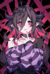 Rule 34 | 1girl, abstract background, absurdres, ahoge, bags under eyes, bare shoulders, black background, black hair, black shirt, ear piercing, fang, goma0616, hair between eyes, highres, horns, long hair, long sleeves, looking ahead, looking at viewer, multicolored hair, nail polish, nijisanji, off shoulder, open mouth, piercing, pink hair, pink nails, pointy ears, purple shirt, shirt, sleeves past fingers, sleeves past wrists, solo, striped clothes, striped shirt, torn clothes, torn shirt, two-tone hair, upper body, very long hair, virtual youtuber, yamiyono moruru