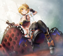 Rule 34 | 1girl, ahoge, arm garter, asymmetrical legwear, bat hair ornament, black choker, black gloves, black shorts, black socks, black thighhighs, blonde hair, boots, breasts, bustier, choker, claw pose, cross-laced clothes, cross-laced footwear, detached sleeves, fangs, fingerless gloves, gloves, grin, hair ornament, hairclip, highres, hololive, kneehighs, l-phy, lace-up boots, looking at viewer, medium breasts, midriff, revealing clothes, sharp teeth, short hair, short shorts, short sleeves, shorts, single kneehigh, single sock, single thighhigh, smile, socks, solo, teeth, thighhighs, underbust, uneven legwear, v-shaped eyebrows, virtual youtuber, white sleeves, winged footwear, yellow eyes, yozora mel, yozora mel (2nd costume)
