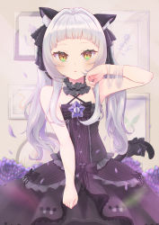 Rule 34 | 1girl, absurdres, animal ears, bare arms, bare shoulders, black dress, blunt bangs, blush, bow, brooch, cat ears, cat girl, cat tail, center frills, cowboy shot, criss-cross halter, dress, dress bow, frilled dress, frilled ribbon, frills, gothic lolita, hair ribbon, halter dress, halterneck, highres, hilamaru, hololive, jewelry, layered dress, lolita fashion, long hair, looking at viewer, murasaki shion, murasaki shion (gothic lolita), picture frame, pinstripe dress, pinstripe pattern, ribbon, sidelocks, silver hair, sleeveless, sleeveless dress, solo, star (symbol), straight-on, striped, surprised, tail, twintails, virtual youtuber, yellow eyes