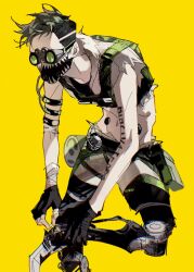 Rule 34 | 1boy, animification, apex legends, arm strap, black gloves, cable, cropped vest, fingerless gloves, gloves, goggles, green hair, green vest, grey shorts, highres, leaning forward, male focus, mask, mechanical legs, midriff, mouth mask, navel, octane (apex legends), sd2190392804, short hair, shorts, simple background, solo, standing, standing on one leg, vest, yellow background