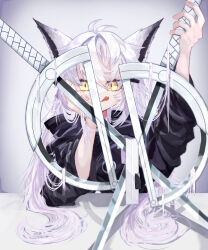 Rule 34 | 1girl, animal ears, antenna hair, arknights, arm support, arm up, black jacket, closed mouth, commentary request, eyelashes, fingernails, gradient background, grey background, grey hair, hair between eyes, hair flowing over, hair over eyes, hair spread out, hand on own cheek, hand on own face, hand up, head rest, highres, holding, holding sword, holding weapon, jacket, lappland (arknights), leaning, leaning on object, licking lips, long hair, long sleeves, looking at viewer, messy hair, multiple swords, multiple weapons, pale skin, rice (user ajpf5282), shadow, smile, solo, straight-on, sword, tongue, tongue out, upper body, very long hair, weapon, wide sleeves, wolf ears, wolf girl, yellow eyes