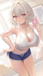 Rule 34 | 1girl, absurdres, anchor necklace, azur lane, bare arms, bare shoulders, blue shorts, breasts, camisole, cellphone, cleavage, closed mouth, collarbone, commentary, cowboy shot, crop top, dolphin shorts, dutch angle, hair between eyes, hand on own hip, highres, holding, holding phone, indoors, jewelry, large breasts, leaning forward, legs together, looking at viewer, midriff, navel, necklace, pdxen, phone, red eyes, selfie, short hair, short shorts, shorts, sirius (azur lane), smartphone, smile, solo, spaghetti strap, standing, white hair