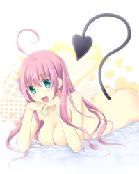 Rule 34 | 1girl, ahoge, ass, blush, breasts, chany, cleavage, demon tail, gradient background, green eyes, heart, lala satalin deviluke, long hair, nude, open mouth, pink hair, smile, solo, tail, to love-ru