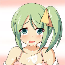 Rule 34 | 1girl, bare shoulders, be (o-hoho), camisole, collarbone, crying, crying with eyes open, daiyousei, female focus, green eyes, green hair, hair ribbon, looking at viewer, ribbon, sexually suggestive, side ponytail, sleeveless, suggestive fluid, tears, touhou, upper body, yellow ribbon