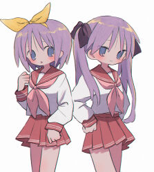 Rule 34 | 2girls, black bow, blush, bow, closed mouth, hair bow, hairband, highres, hiiragi kagami, hiiragi tsukasa, long hair, looking at viewer, lucky star, multiple girls, neckerchief, no nose, open mouth, parted lips, pleated skirt, purple eyes, purple hair, red neckerchief, red sailor collar, red skirt, ri (qrcode), ryouou school uniform, sailor collar, school uniform, short hair, siblings, simple background, sisters, skirt, standing, twintails, white background