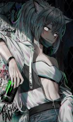 Rule 34 | 1girl, a0lp, alternate costume, alternate hairstyle, animal ears, arknights, bandeau, bare shoulders, black nails, breasts, can, commentary, glowing, glowing eyes, graffiti, highres, holding, holding can, jacket, lappland (arknights), long hair, looking at viewer, midriff, monster energy, nail polish, navel, off shoulder, pants, parted lips, ponytail, silver hair, small breasts, solo, stomach, strapless, tube top, upper body, white eyes, white jacket, wolf ears