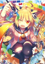 Rule 34 | 1girl, :d, ;d, absurdres, ahoge, animal ears, art brush, bell, bird, black thighhighs, blonde hair, cardigan, easel, fang, foreshortening, headphones, highres, katou itsuwa, loafers, long hair, one eye closed, on one knee, open mouth, original, paint, paintbrush, palette (object), pastels, pencil, red eyes, scan, school uniform, serafuku, shoes, sitting, smile, solo, stylus, tail, thighhighs