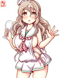 Rule 34 | 1girl, alcohol, alternate costume, artist logo, breasts, brown eyes, cosplay, cup, dated, dress, drinking glass, drunk, grey hair, hair between eyes, hat, kanon (kurogane knights), kantai collection, large breasts, libeccio (kancolle), libeccio (kancolle) (cosplay), long hair, mini hat, neckerchief, one-hour drawing challenge, pola (kancolle), sailor collar, sailor dress, side-tie dress, simple background, sleeveless, sleeveless dress, solo, striped neckerchief, thick eyebrows, wavy hair, white background, white sailor collar, wine, wine glass