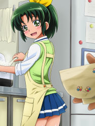 Rule 34 | 10s, 1girl, :d, apron, blush, bowl, eyelashes, food, green eyes, green hair, green sweater vest, highres, kitchen, looking back, mameshiba (pixiv 59310), matching hair/eyes, midorikawa nao, open mouth, ponytail, precure, rice, rice bowl, rice cooker, school uniform, short hair, skirt, sleeves rolled up, smile, smile precure!, solo, spoon, sweater vest