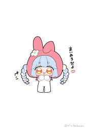 Rule 34 | 0725akaba, 1girl, :d, absurdres, animal ears, animal hood, blue hair, blush stickers, bow, braid, chibi, fake animal ears, flower, hair bow, highres, hololive, hood, hood up, multicolored hair, open mouth, rabbit ears, rabbit hood, red eyes, short eyebrows, simple background, smile, solo, standing, thick eyebrows, translation request, twin braids, twintails, twitter username, two-tone hair, usada pekora, virtual youtuber, white background, white bow, white flower, white hair