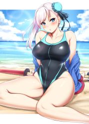 1girl absurdres asymmetrical_hair beach black_one-piece_swimsuit blue_eyes blue_sky breasts bun_cover cloud collarbone competition_swimsuit covered_navel day fate/grand_order fate_(series) hair_bun highleg highleg_one-piece_swimsuit highres kusahagane large_breasts long_hair miyamoto_musashi_(fate) miyamoto_musashi_(fate/grand_order) miyamoto_musashi_(swimsuit_berserker)_(fate) miyamoto_musashi_(swimsuit_berserker)_(first_ascension)_(fate) ocean one-piece_swimsuit pink_hair sand single_hair_bun sitting sky solo swept_bangs swimsuit yokozuwari