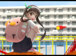 Rule 34 | 1girl, backpack, bag, bakemonogatari, brown eyes, brown hair, building, fang, hachikuji mayoi, hairband, hugging own legs, letterboxed, long hair, looking at viewer, looking back, monogatari (series), open mouth, school uniform, shirt, short sleeves, siraha, skirt, smile, solo, squatting, stuffed animal, stuffed toy, teddy bear, twintails