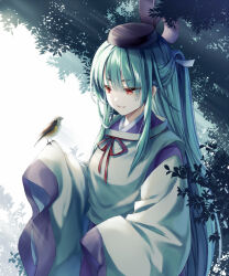 Rule 34 | 1girl, akinomiya asuka, bird, bird request, black hat, commentary request, detached sleeves, green hair, hat, highres, japanese clothes, kariginu, kimono, leaf, mystical power plant, original, outdoors, purple kimono, red eyes, red ribbon, ribbon, sleeves past fingers, sleeves past wrists, smile, solo, suitokuin tenmu, tate eboshi, touhou
